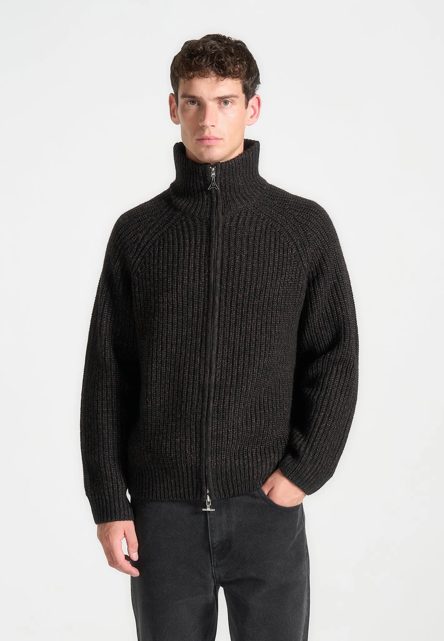 Speckled Wool Zip Up Cardigan - Black