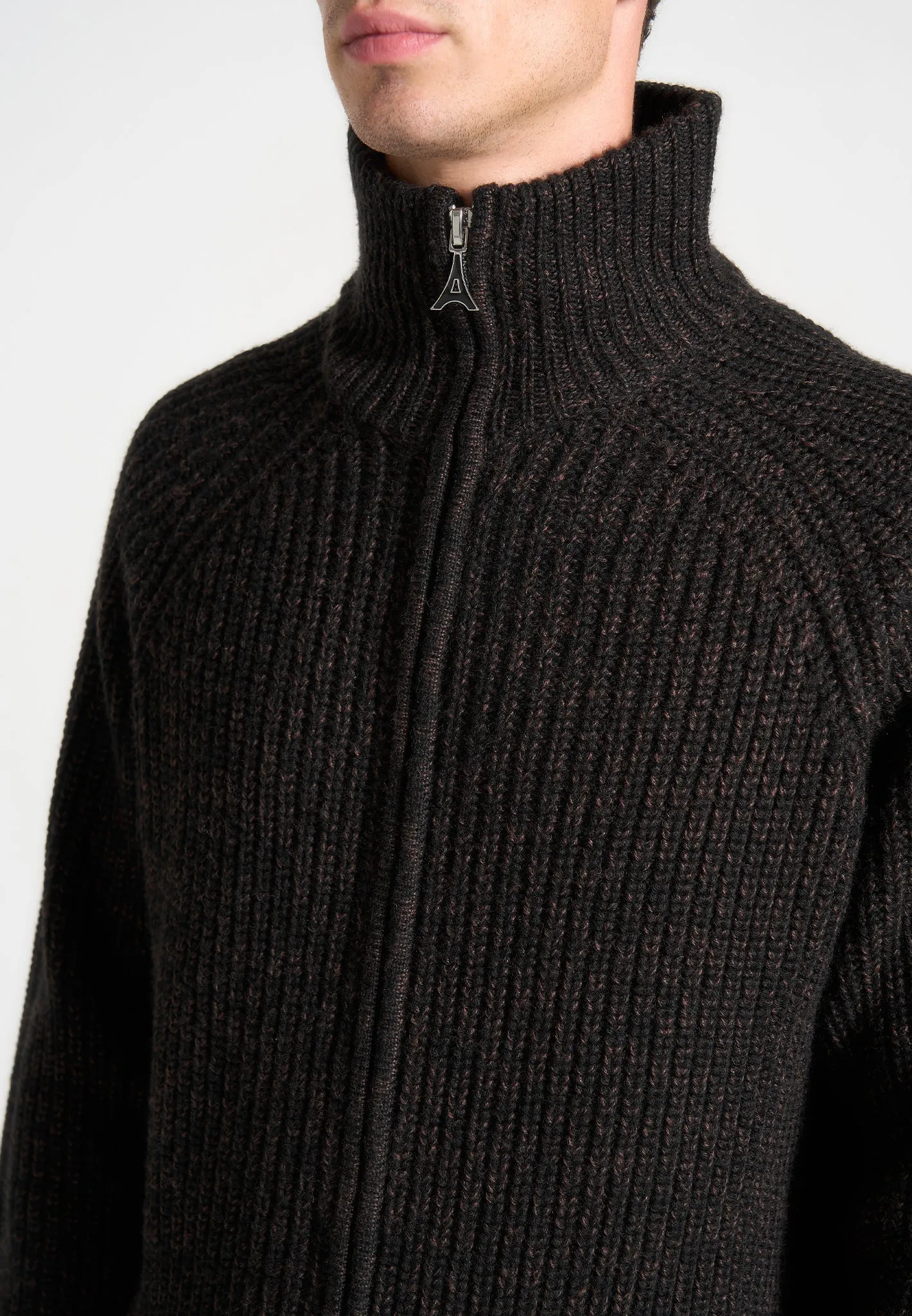 Speckled Wool Zip Up Cardigan - Black