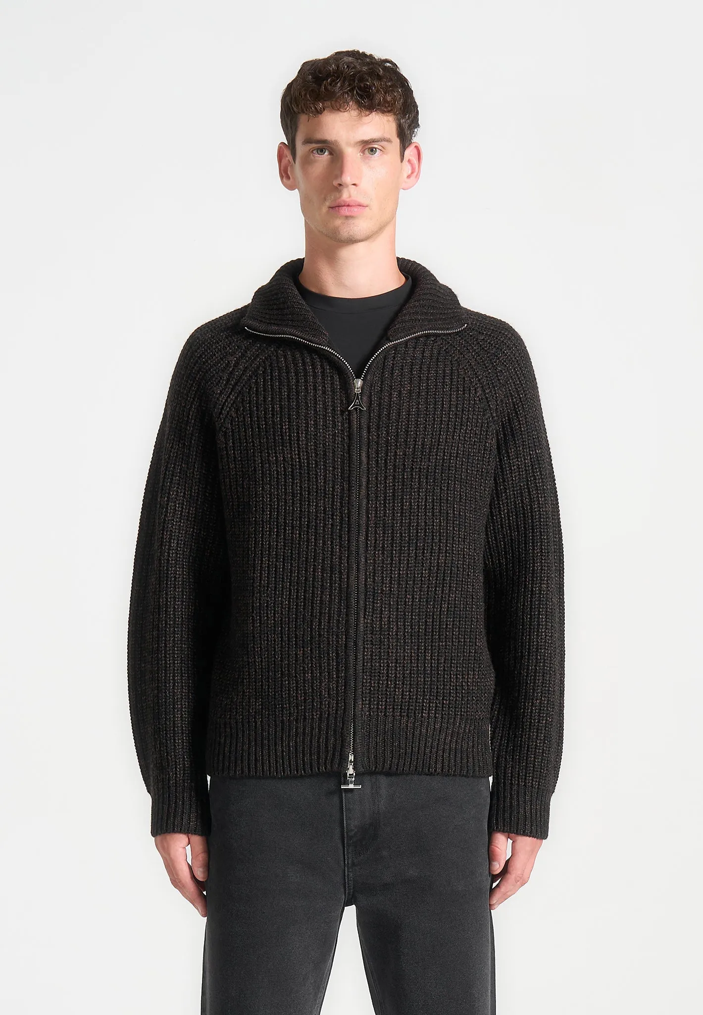 Speckled Wool Zip Up Cardigan - Black