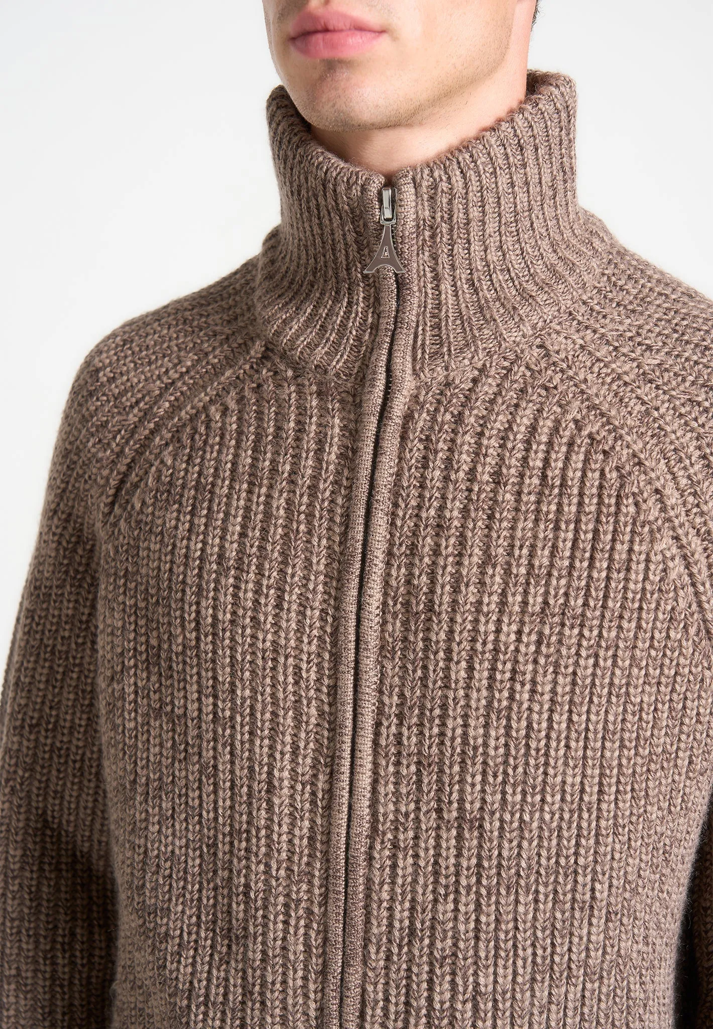 Speckled Wool Zip Up Cardigan - Taupe