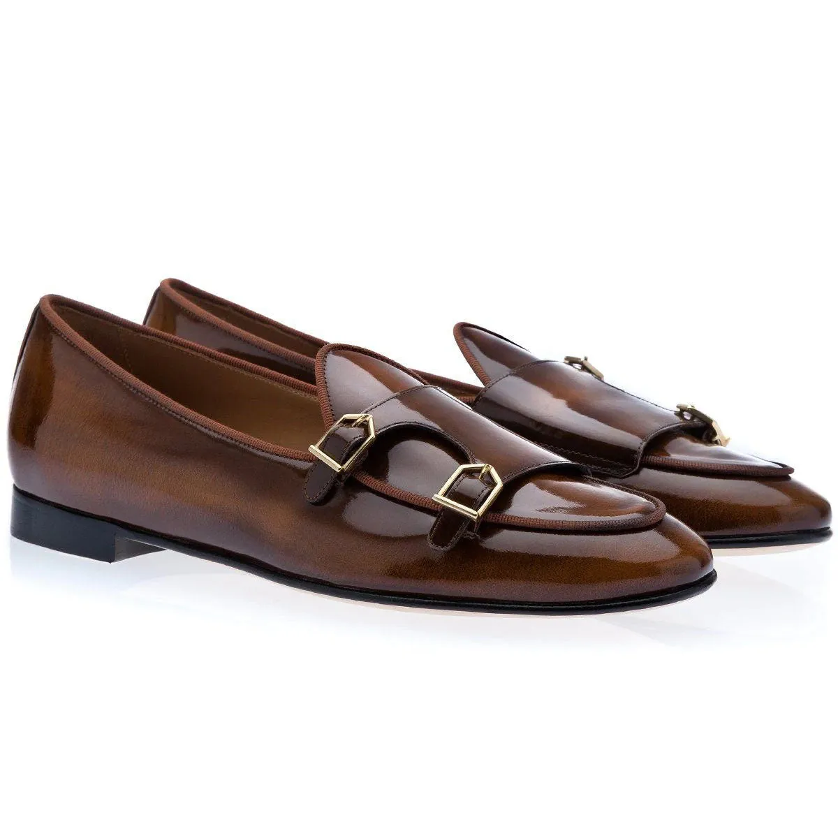 SUPERGLAMOUROUS Tangerine 7 Men's Shoes Cognac Polished Leather Monk-Straps Belgian Loafers (SPGM1050)