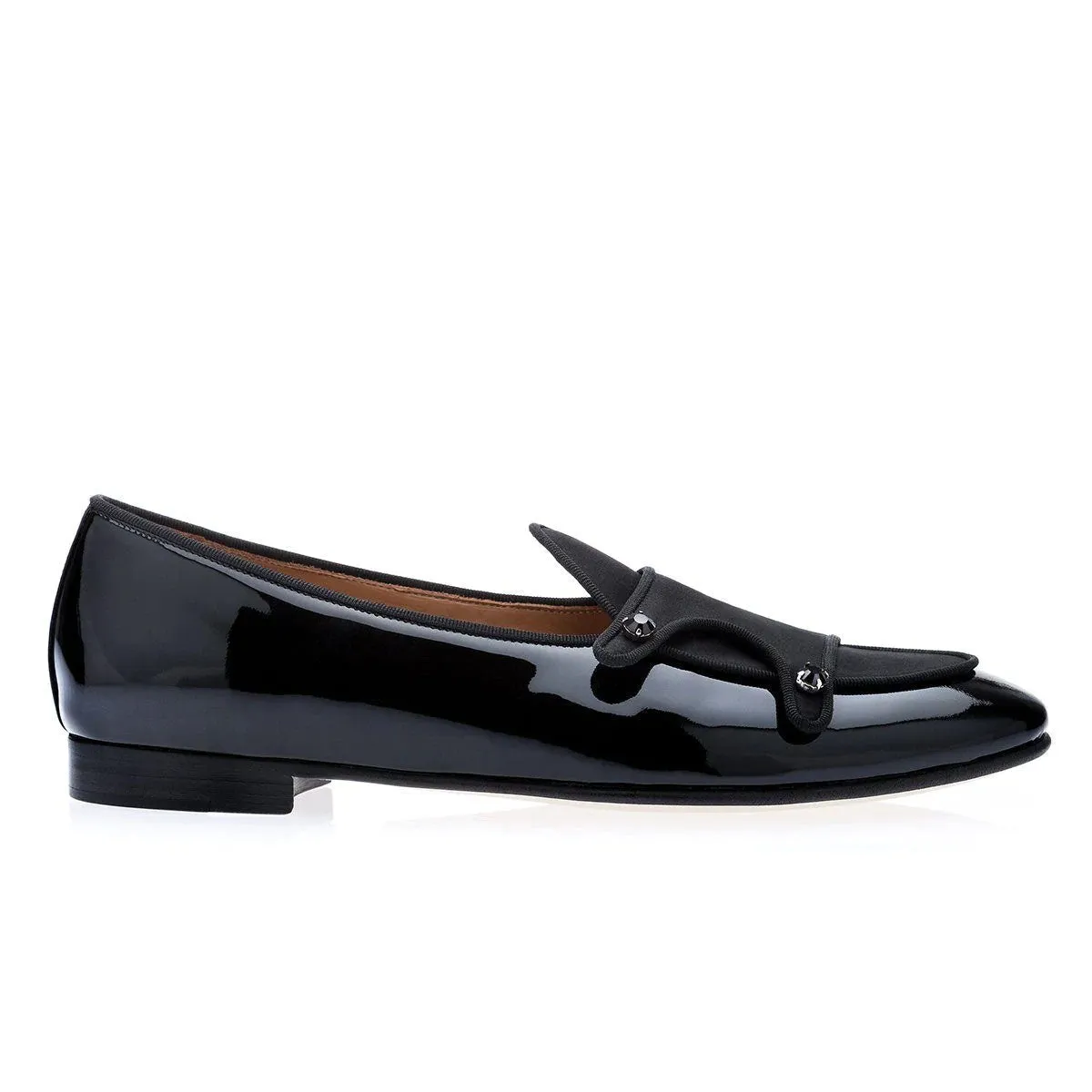 SUPERGLAMOUROUS Tangerine 7 Multi Men's Shoes Black Satin / Patent Leather Monk-Straps Belgian Loafers (SPGM1023)