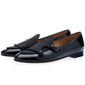 SUPERGLAMOUROUS Tangerine 7 Multi Men's Shoes Black Satin / Patent Leather Monk-Straps Belgian Loafers (SPGM1023)