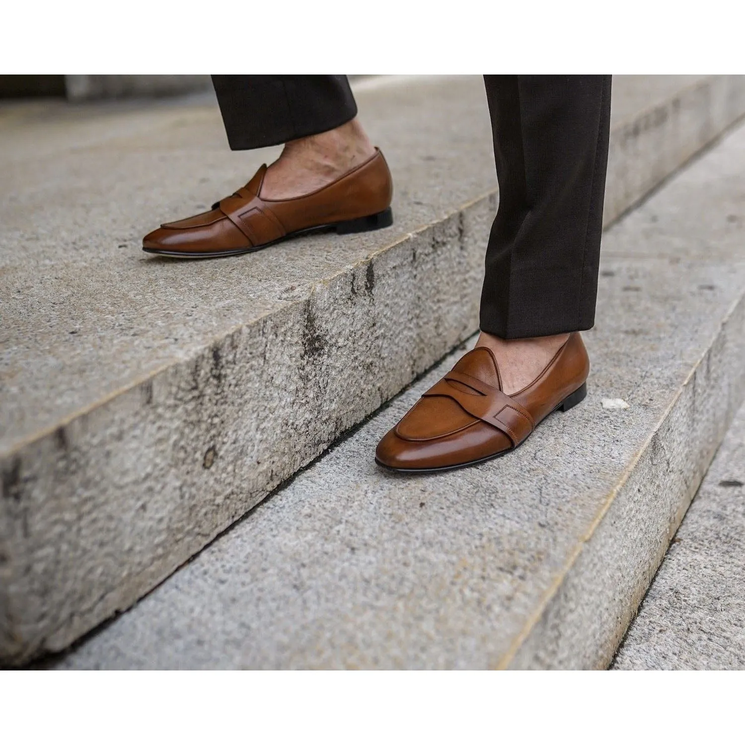 SUPERGLAMOUROUS Tangerine 9 Toledo Men's Shoes Tobacco Hand-Painted Leather Penny Loafers (SPGM1123)