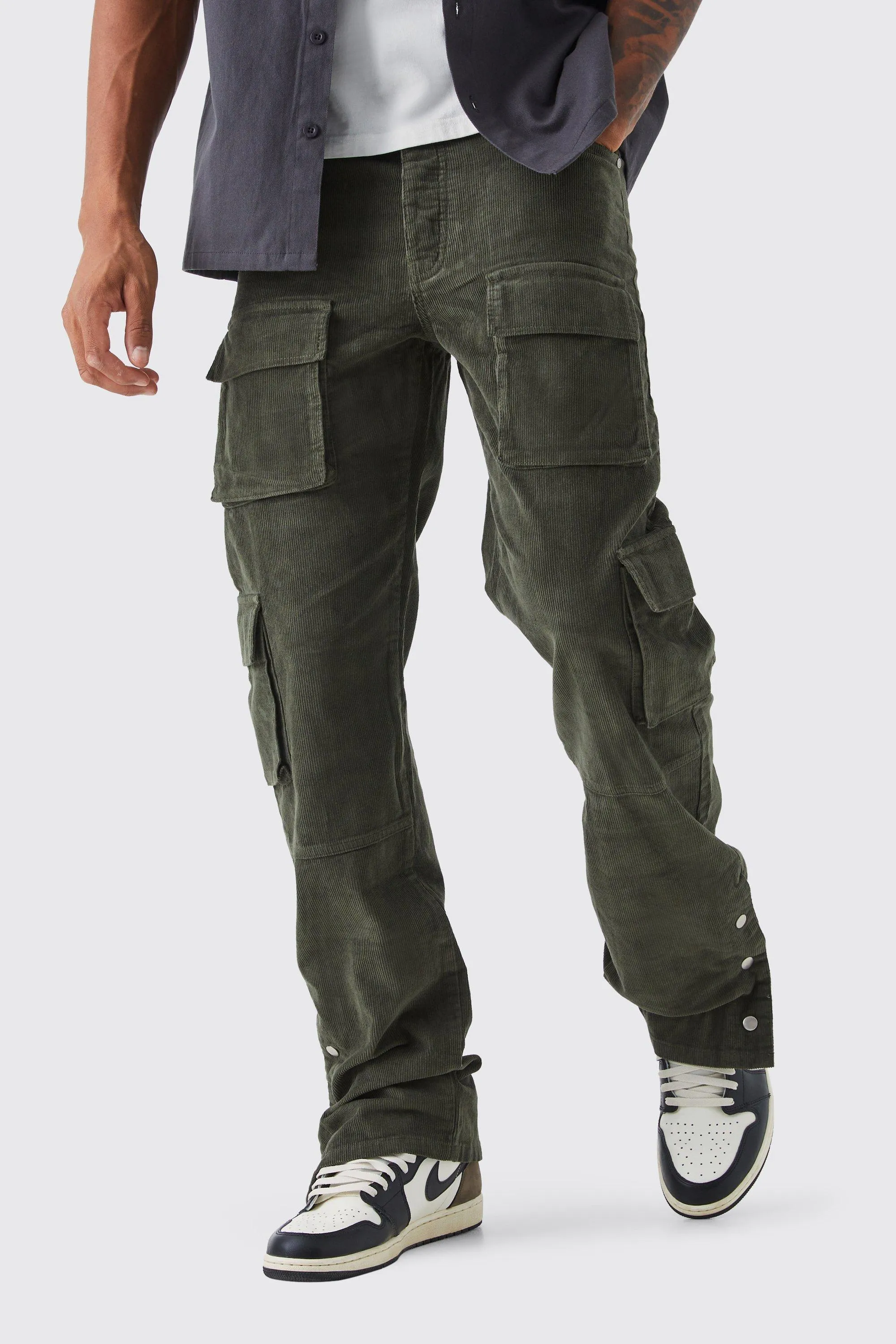 Tall Fixed Waist Relaxed Multi Cargo Popper Hem Cord Pants