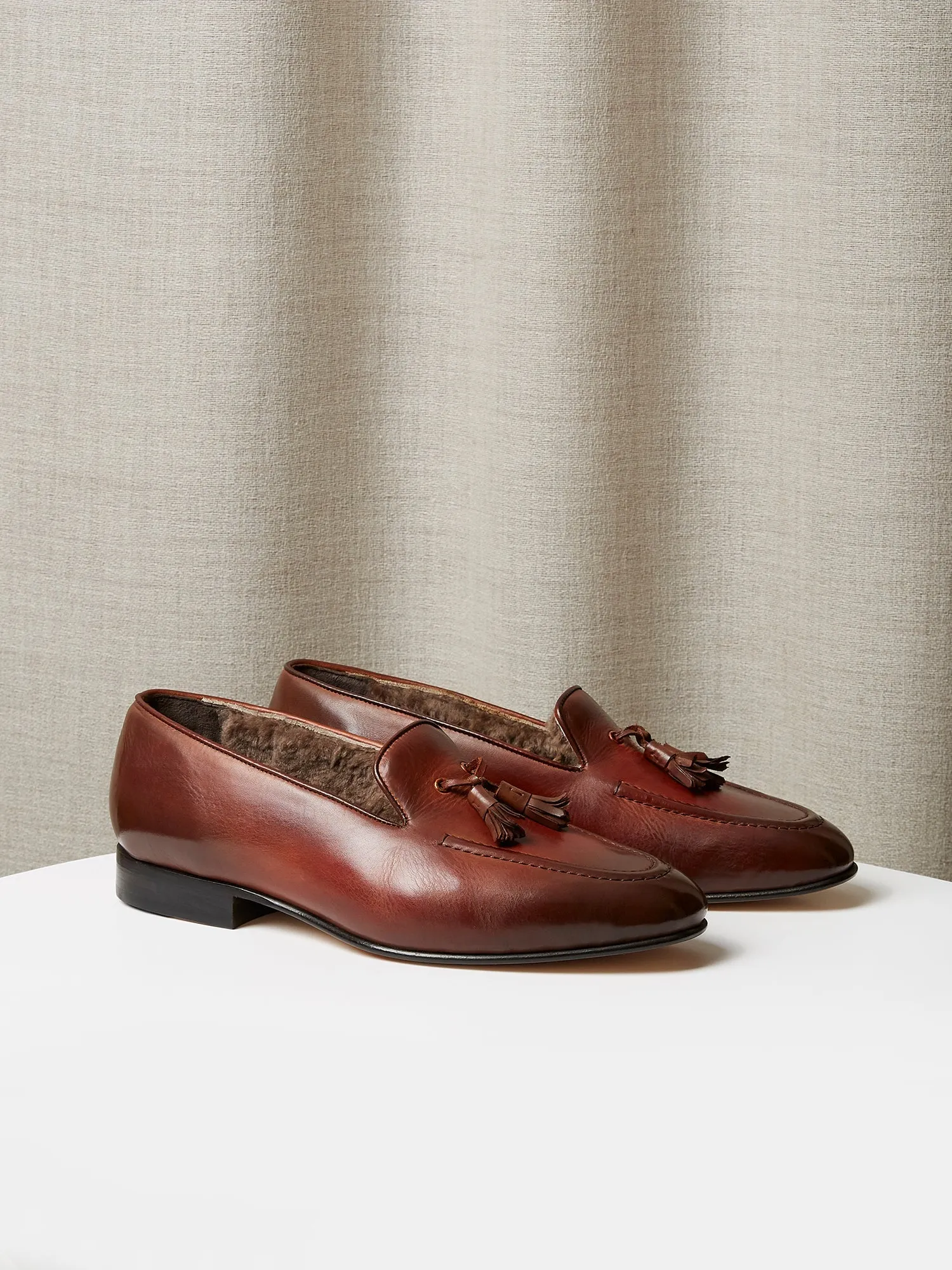 Tassel Loafers in Brown Hand-Painted Patina Leather