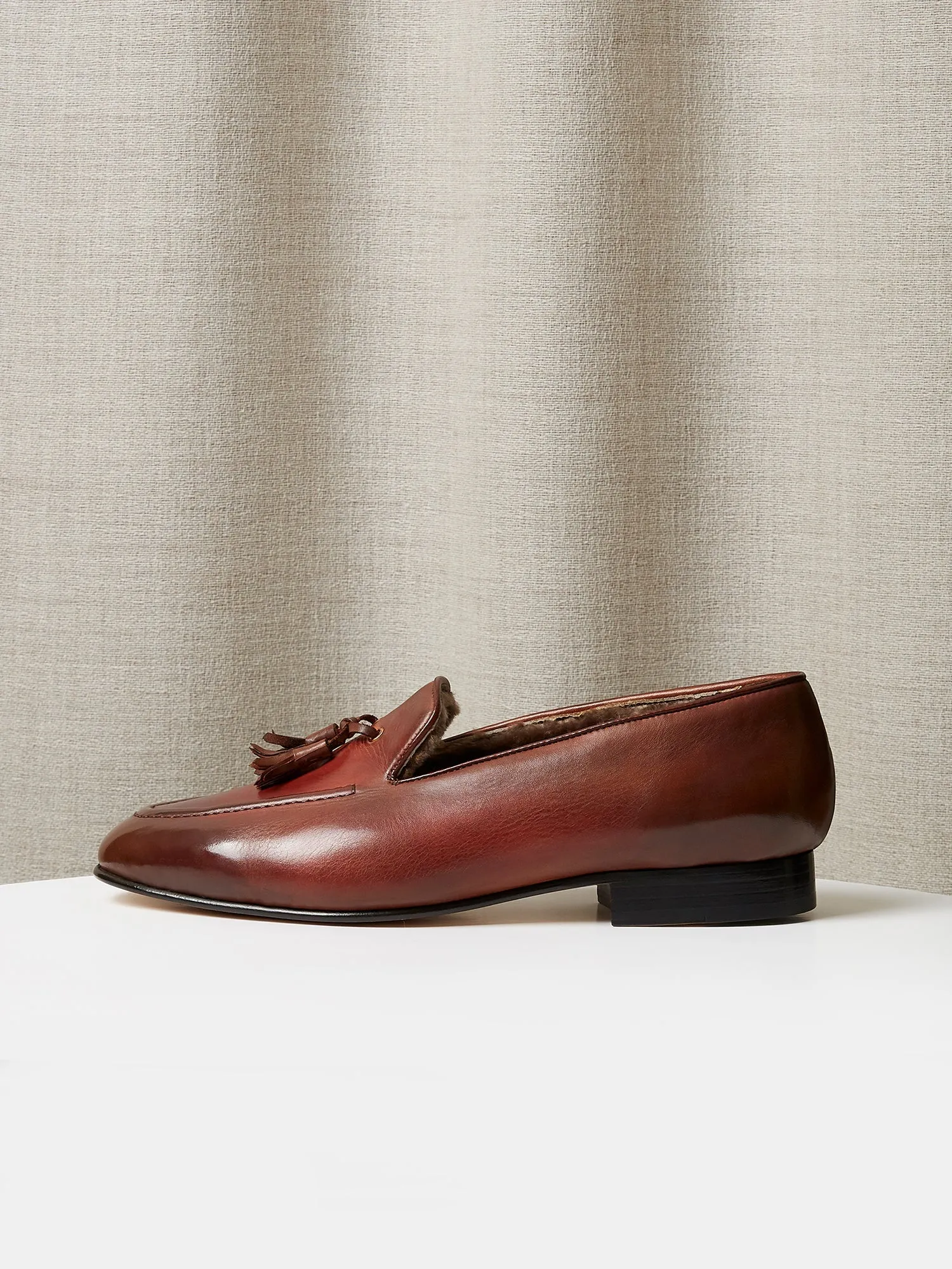 Tassel Loafers in Brown Hand-Painted Patina Leather