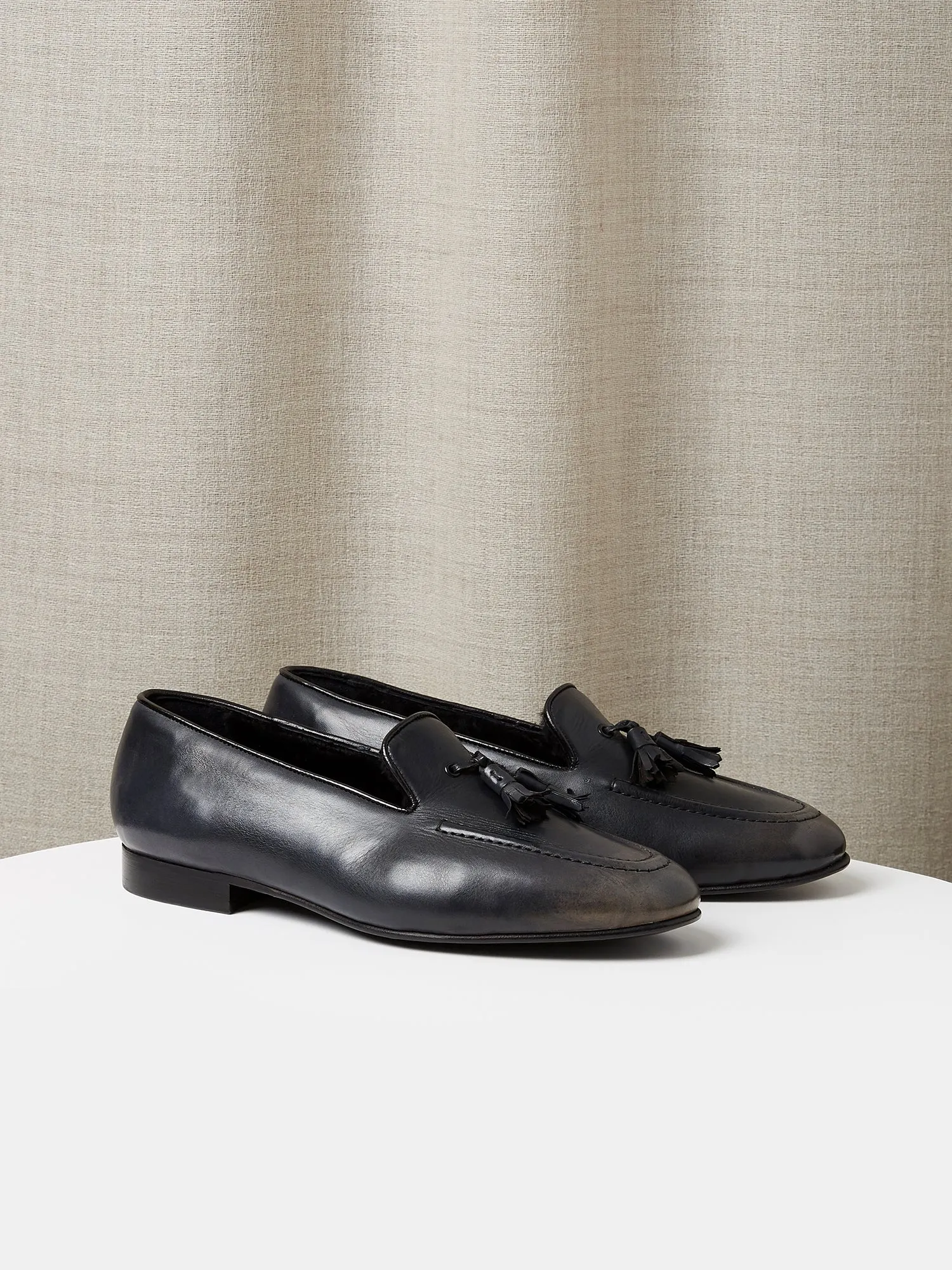 Tassel Loafers in Grey Hand-Painted Patina Leather