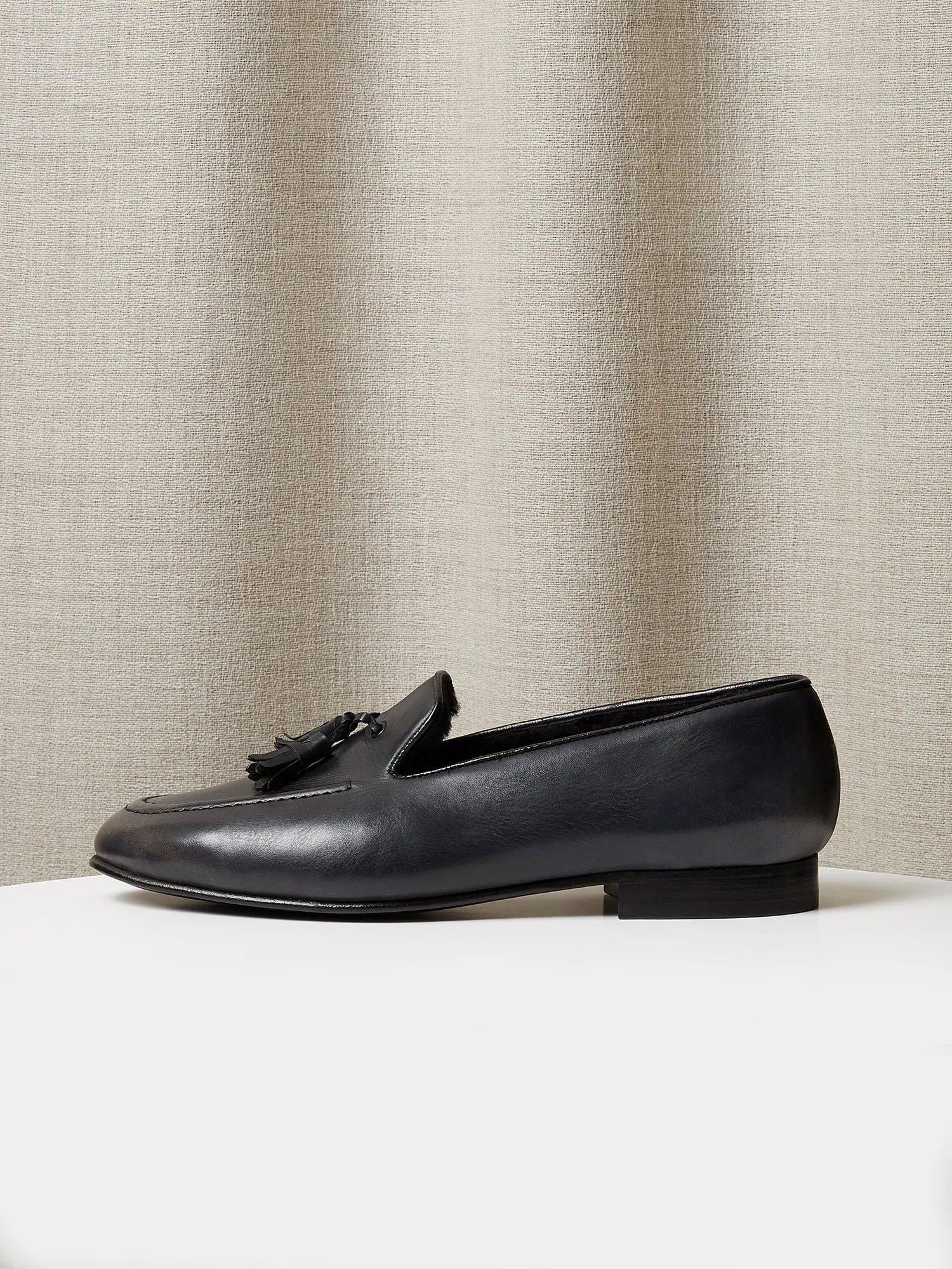 Tassel Loafers in Grey Hand-Painted Patina Leather