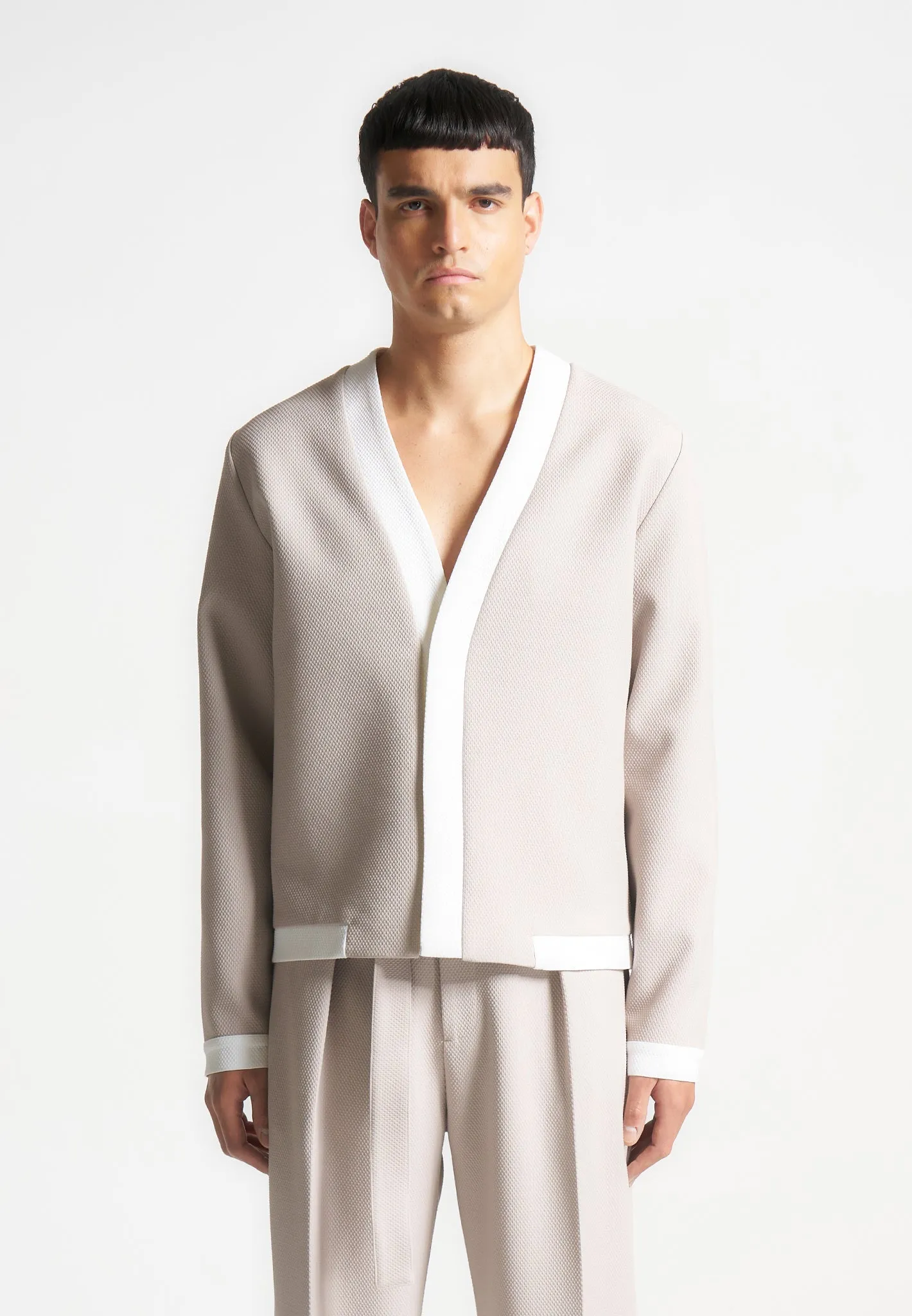 Textured Contrast Cardigan - Stone/White