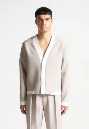 Textured Contrast Cardigan - Stone/White