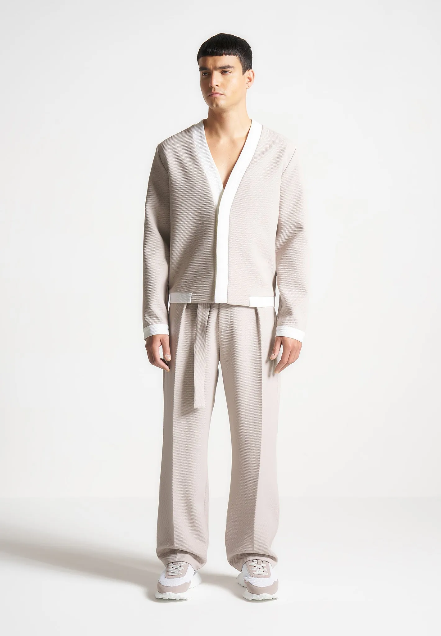 Textured Contrast Cardigan - Stone/White