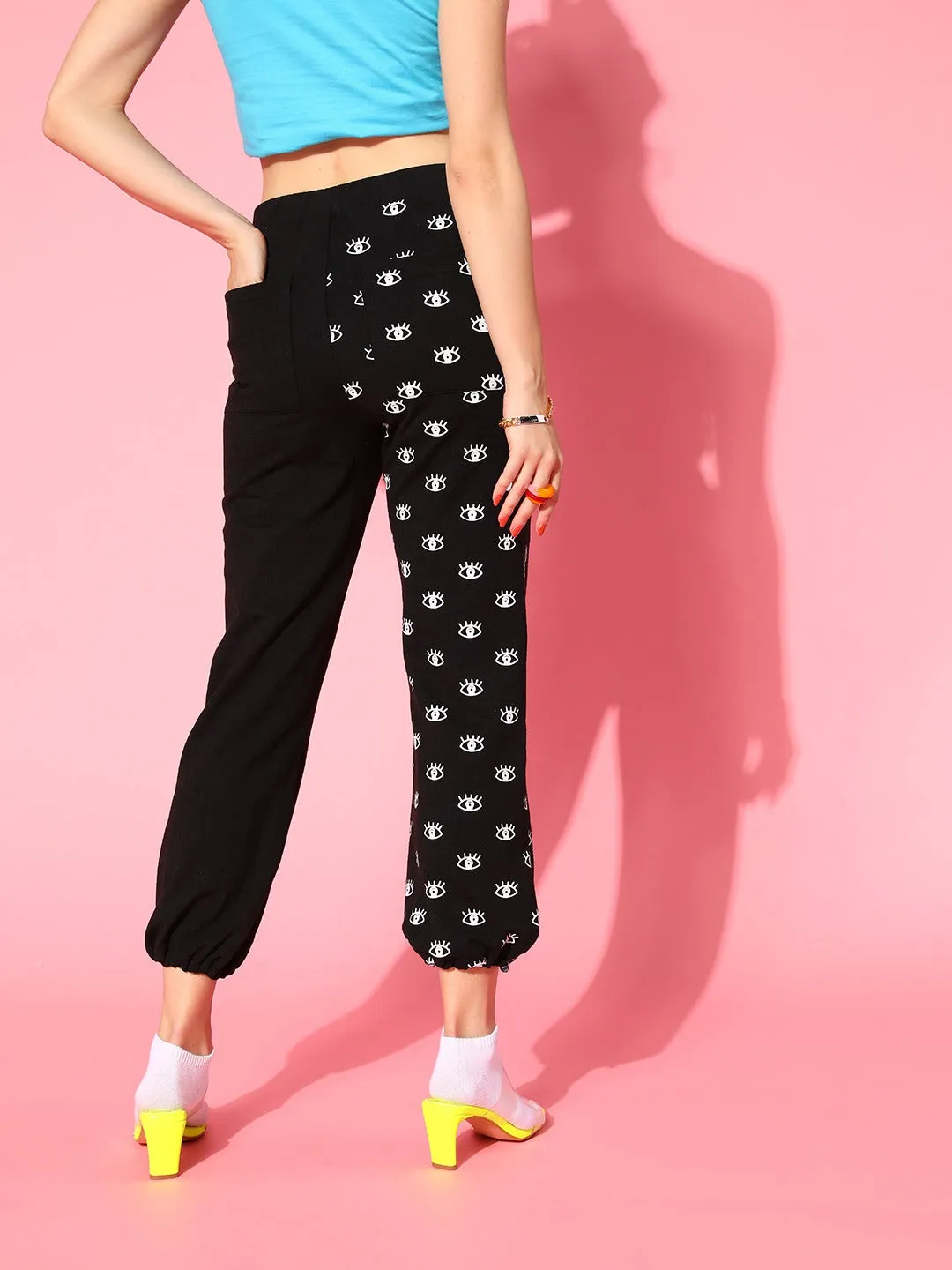 Women Black Eye Print Cargo Joggers