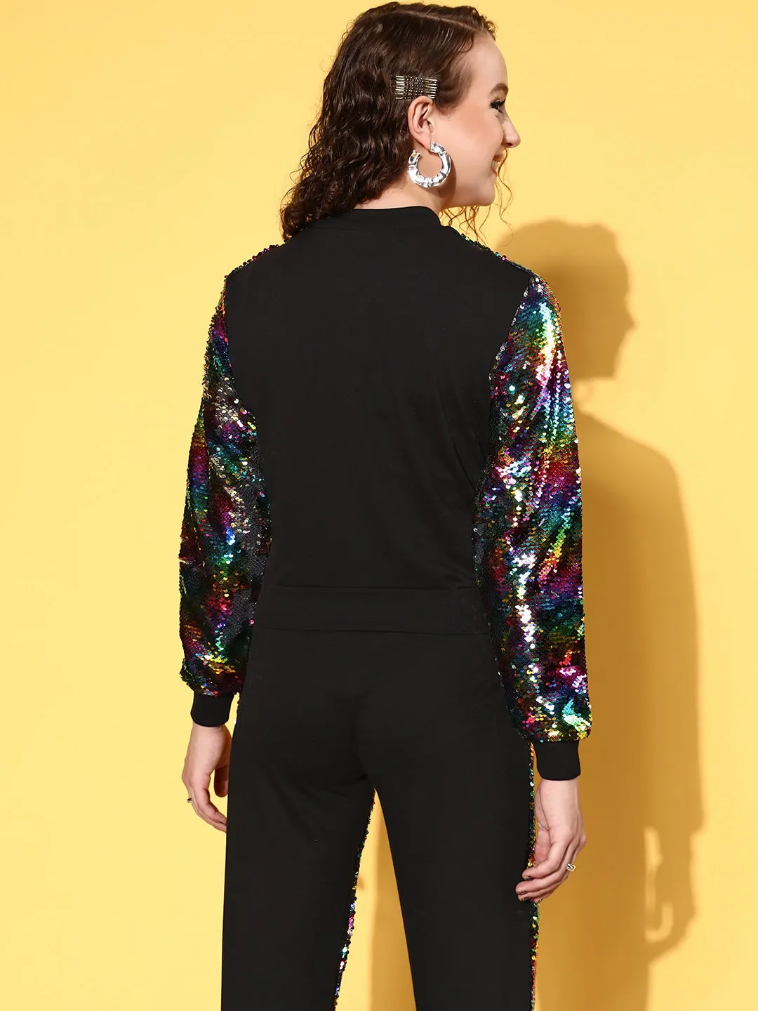 Women Black Multi-Sequin Crop Jacket with Joggers