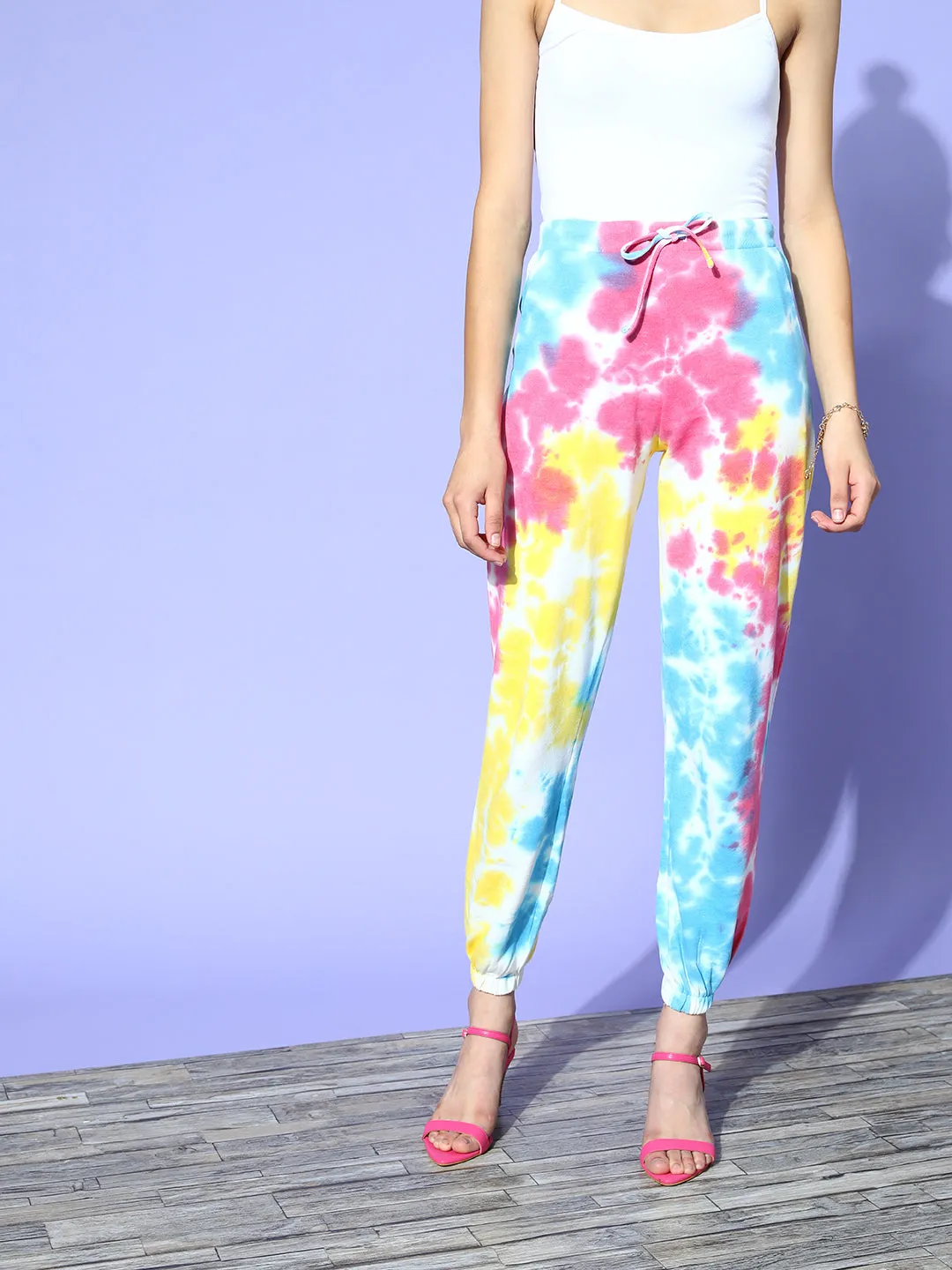 Women Blue & Pink Terry Tie-Dye Joggers