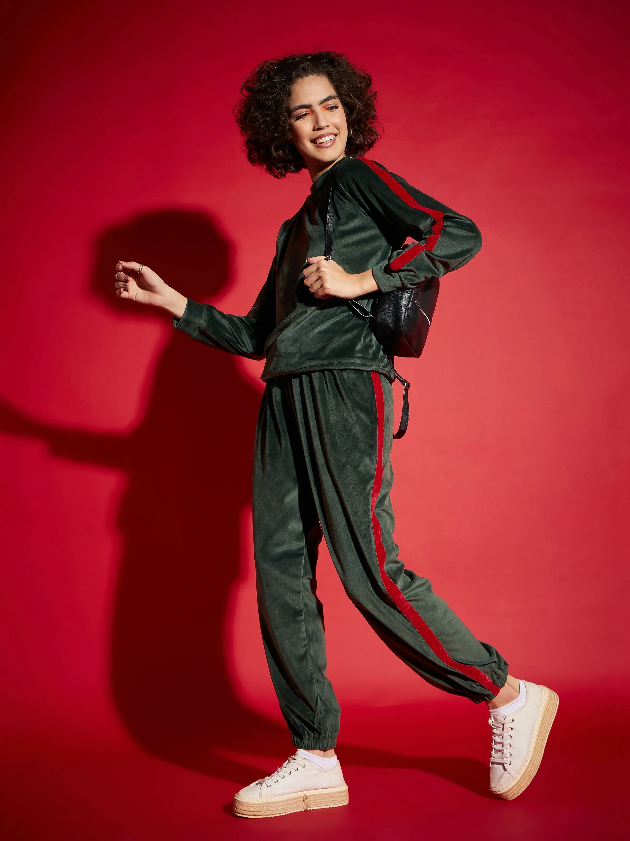 Women Emerald Velour Tape Detail Sweatshirt With Joggers