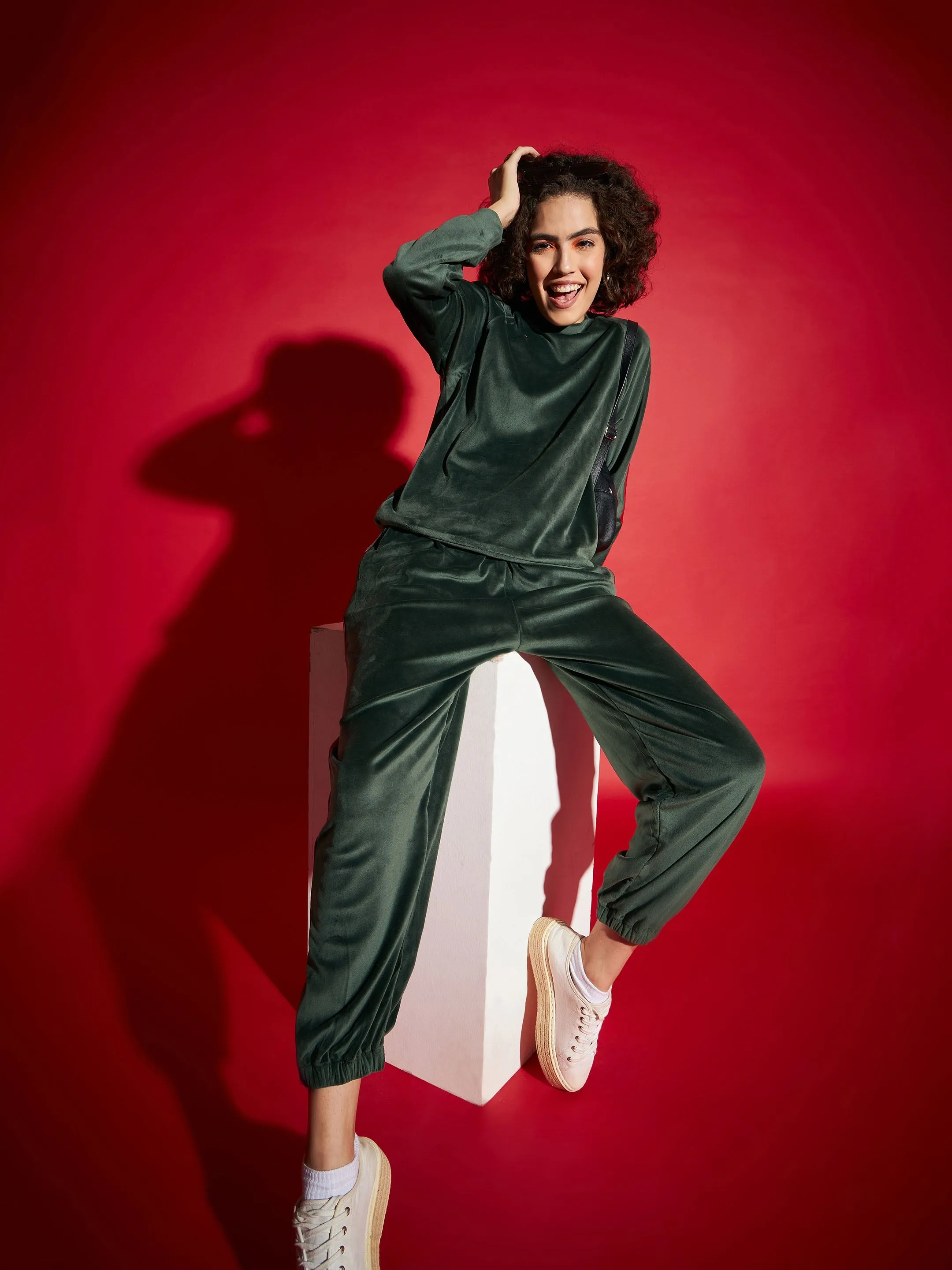 Women Emerald Velour Tape Detail Sweatshirt With Joggers