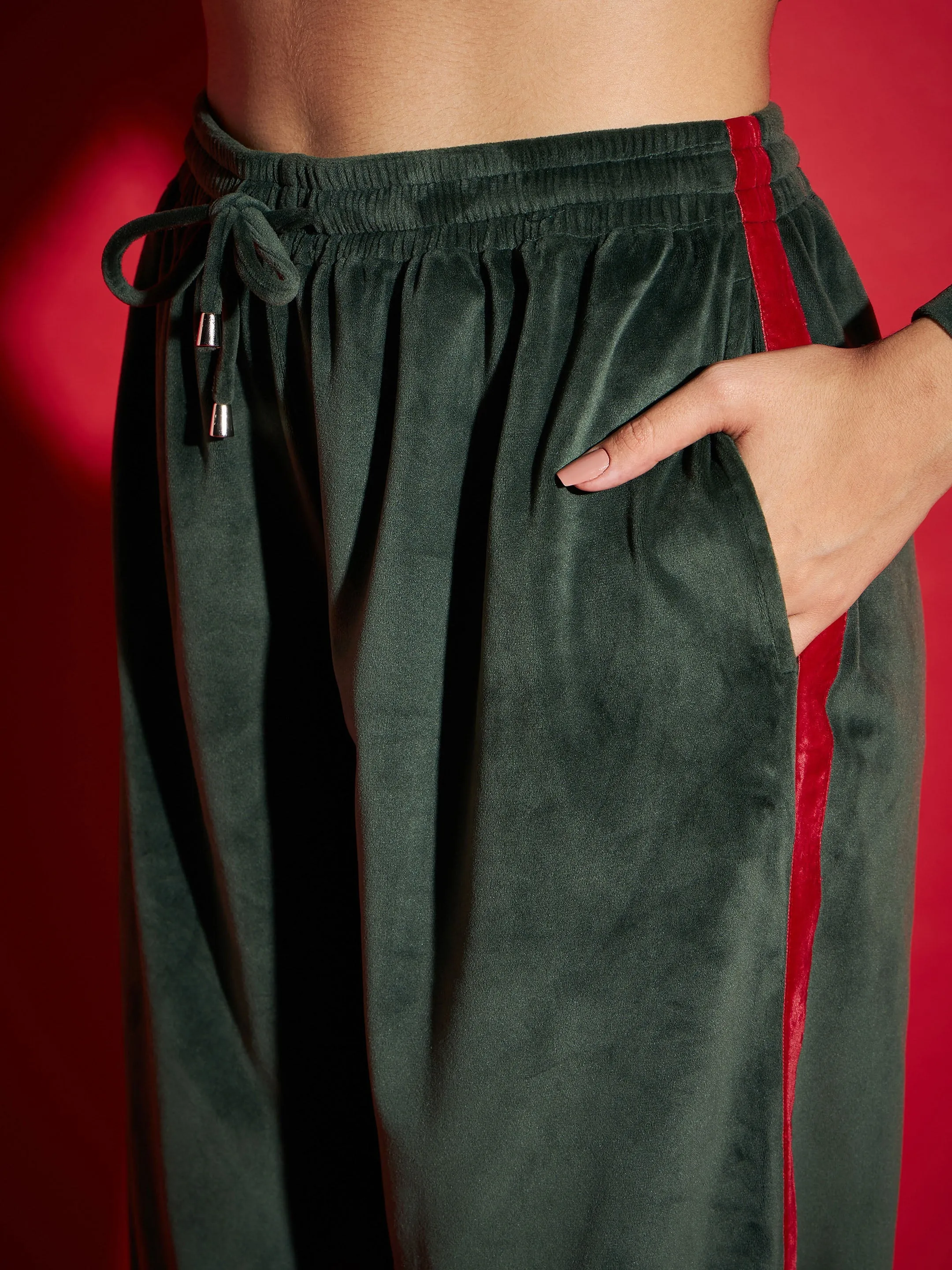 Women Emerald Velour Tape Detail Sweatshirt With Joggers