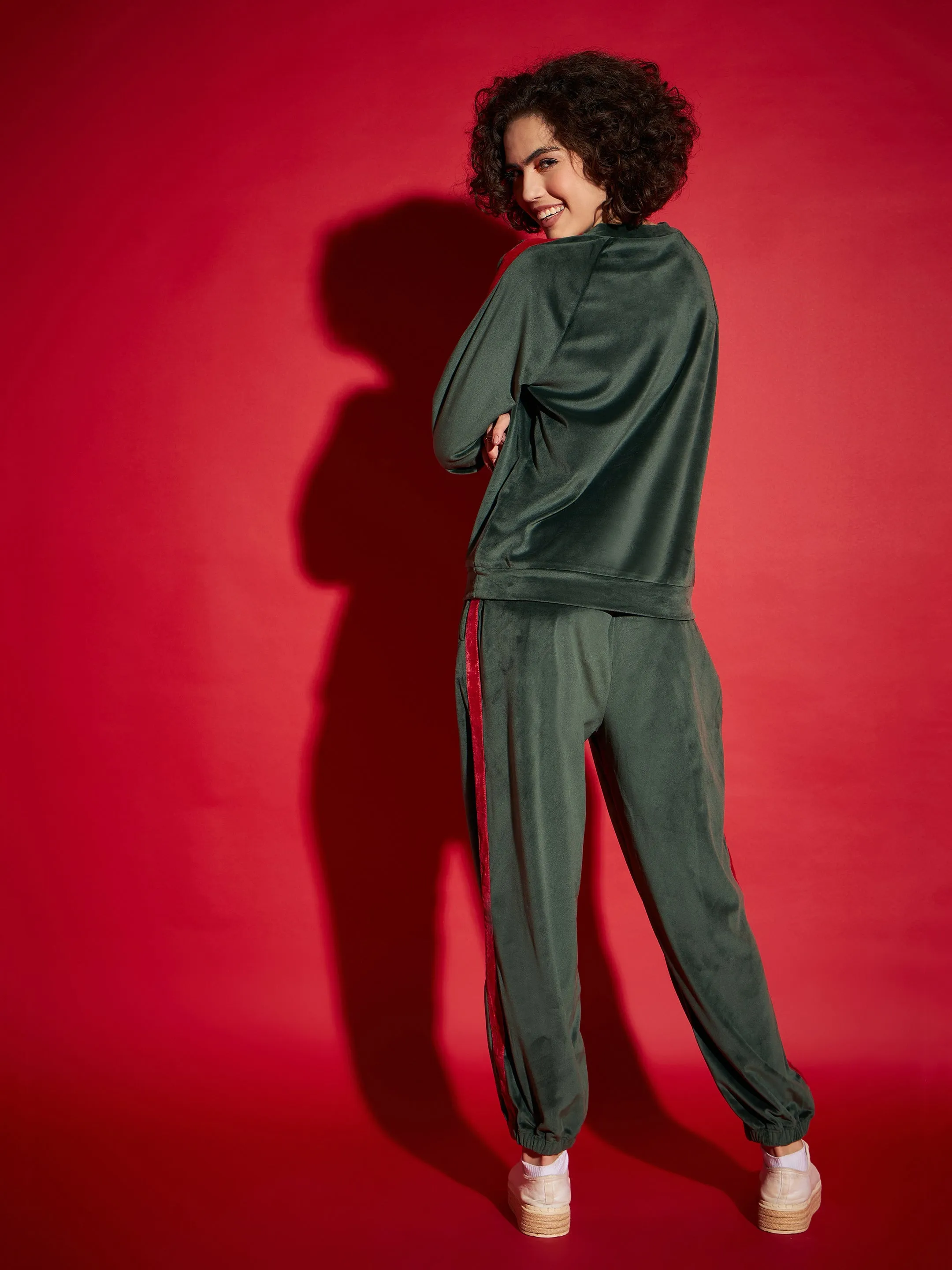 Women Emerald Velour Tape Detail Sweatshirt With Joggers