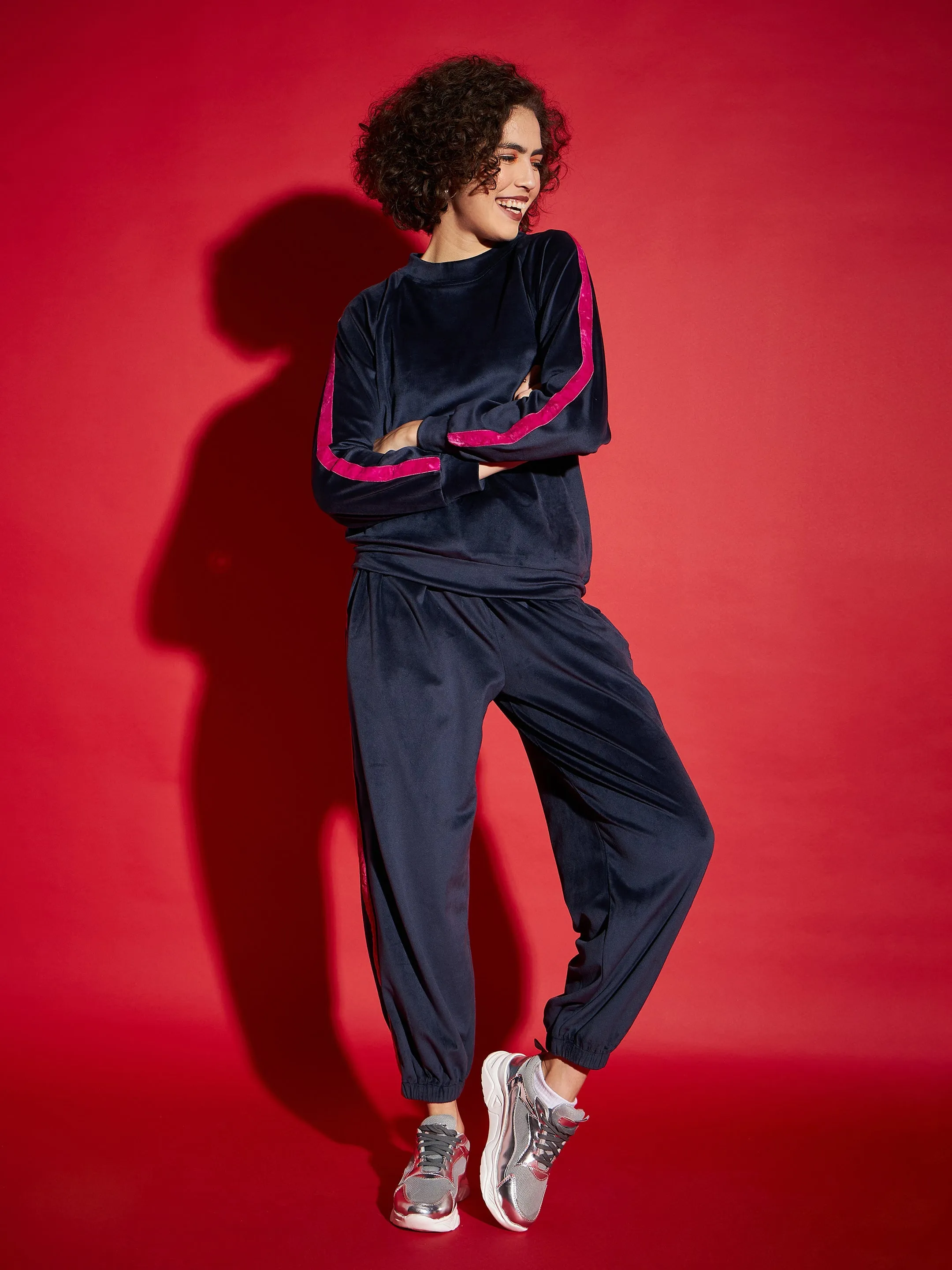 Women Navy Velour Tape Detail Sweatshirt With Joggers