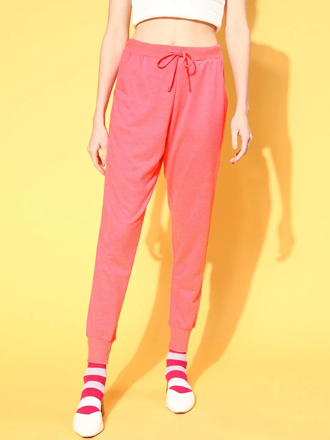 Women Neon Pink Drawstring Basic Joggers