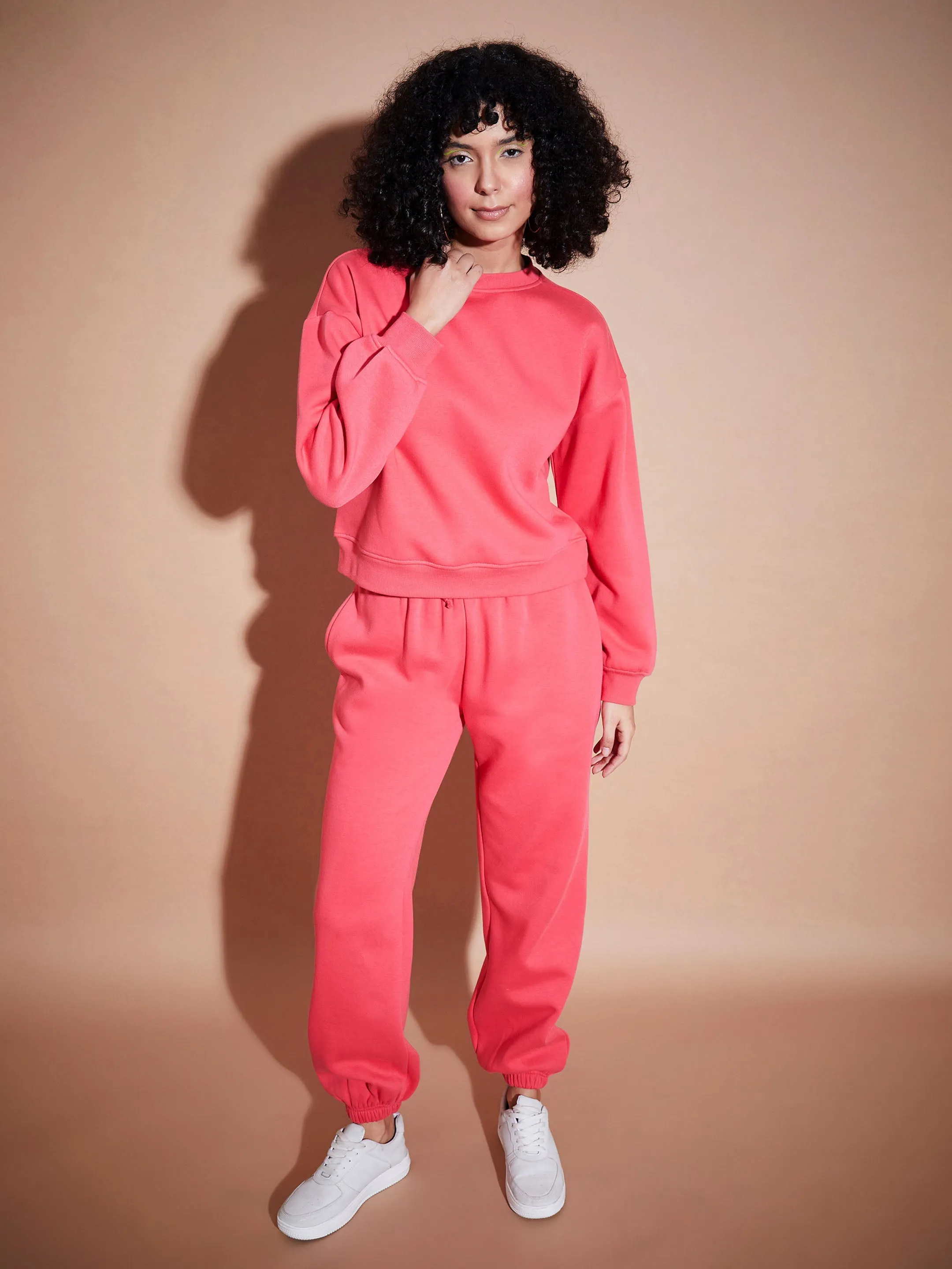 Women Pink Premium Fleece Baggy Joggers