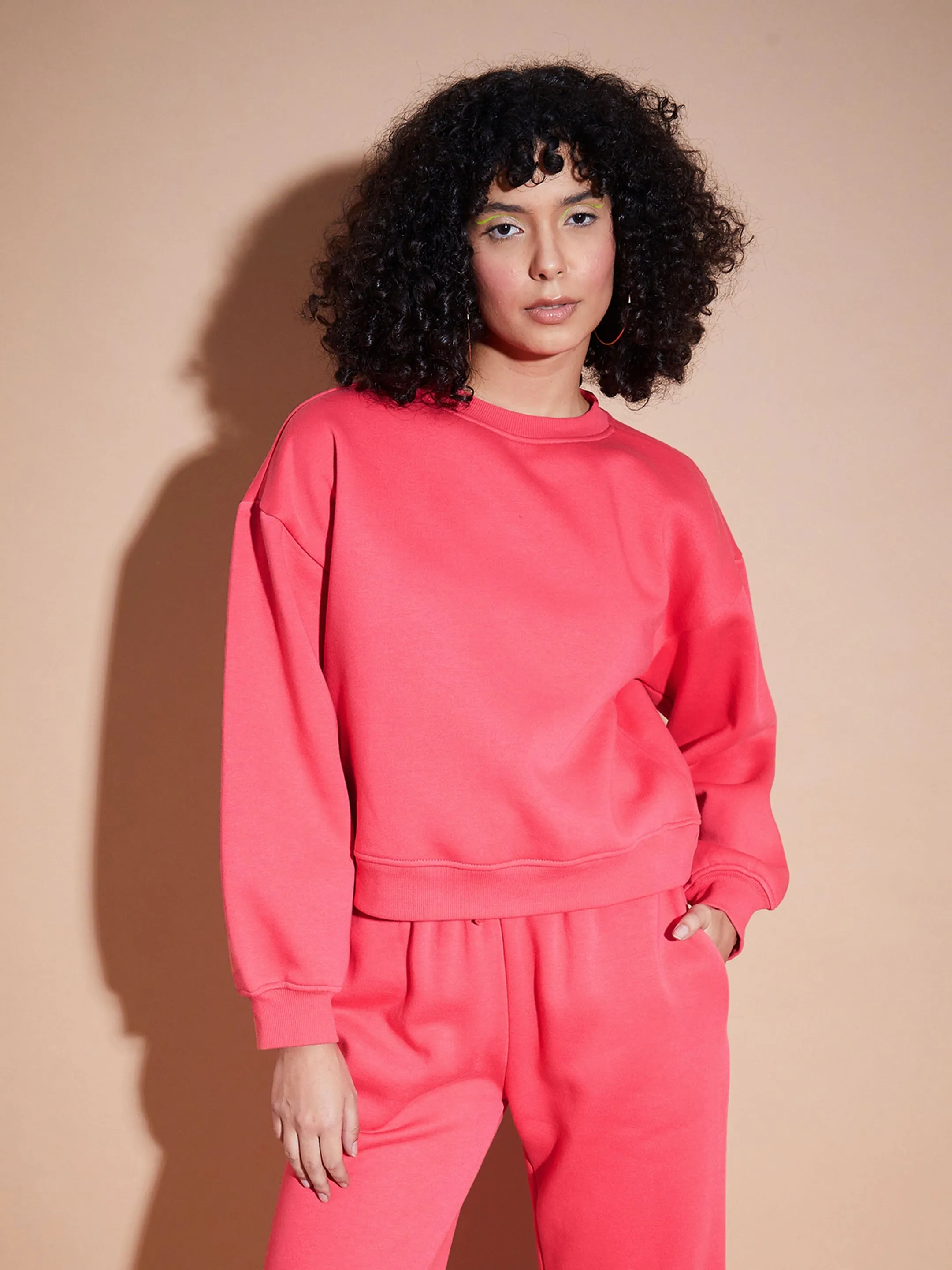 Women Pink Premium Fleece Oversized Sweatshirt With Joggers