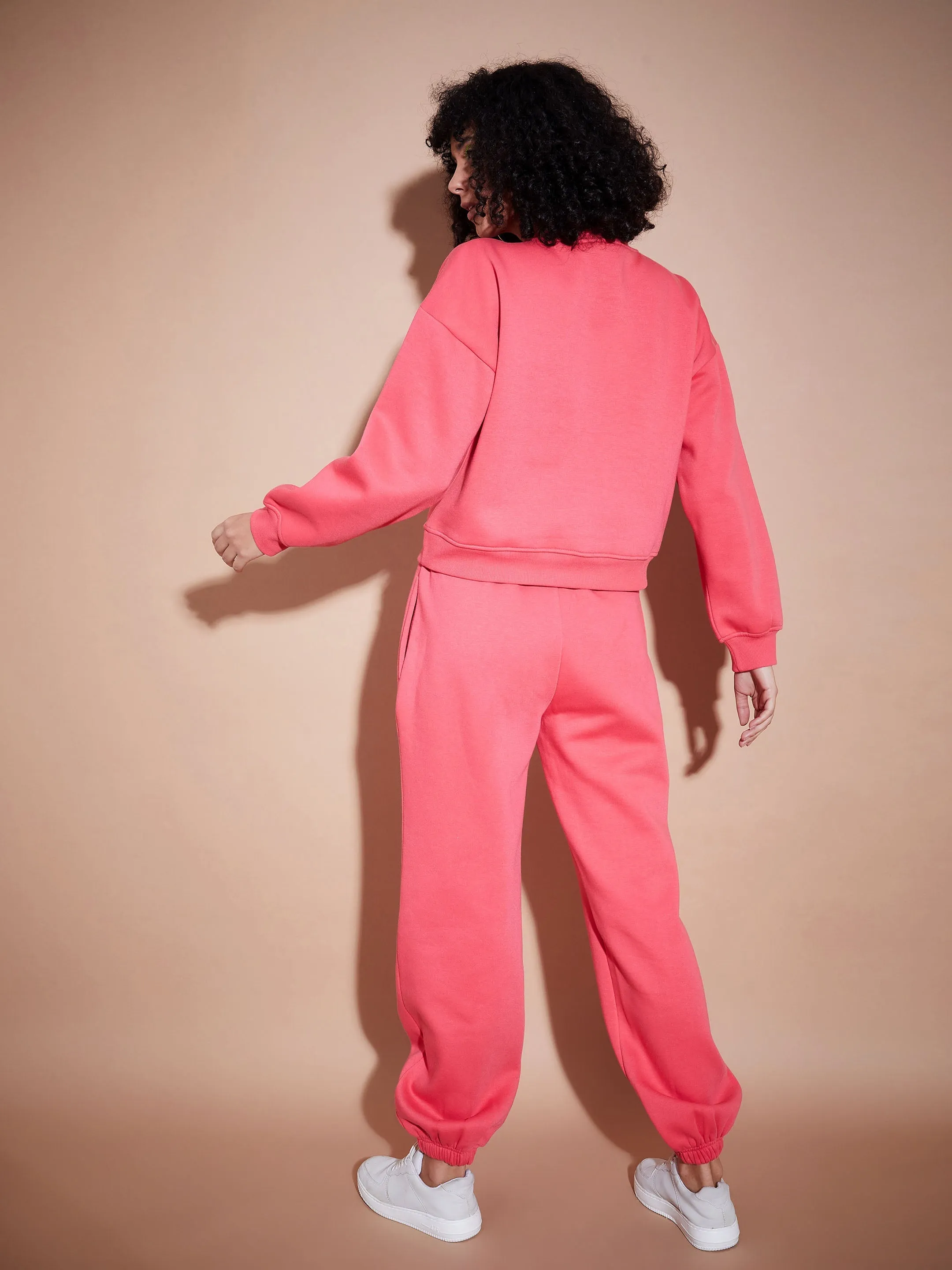 Women Pink Premium Fleece Oversized Sweatshirt With Joggers