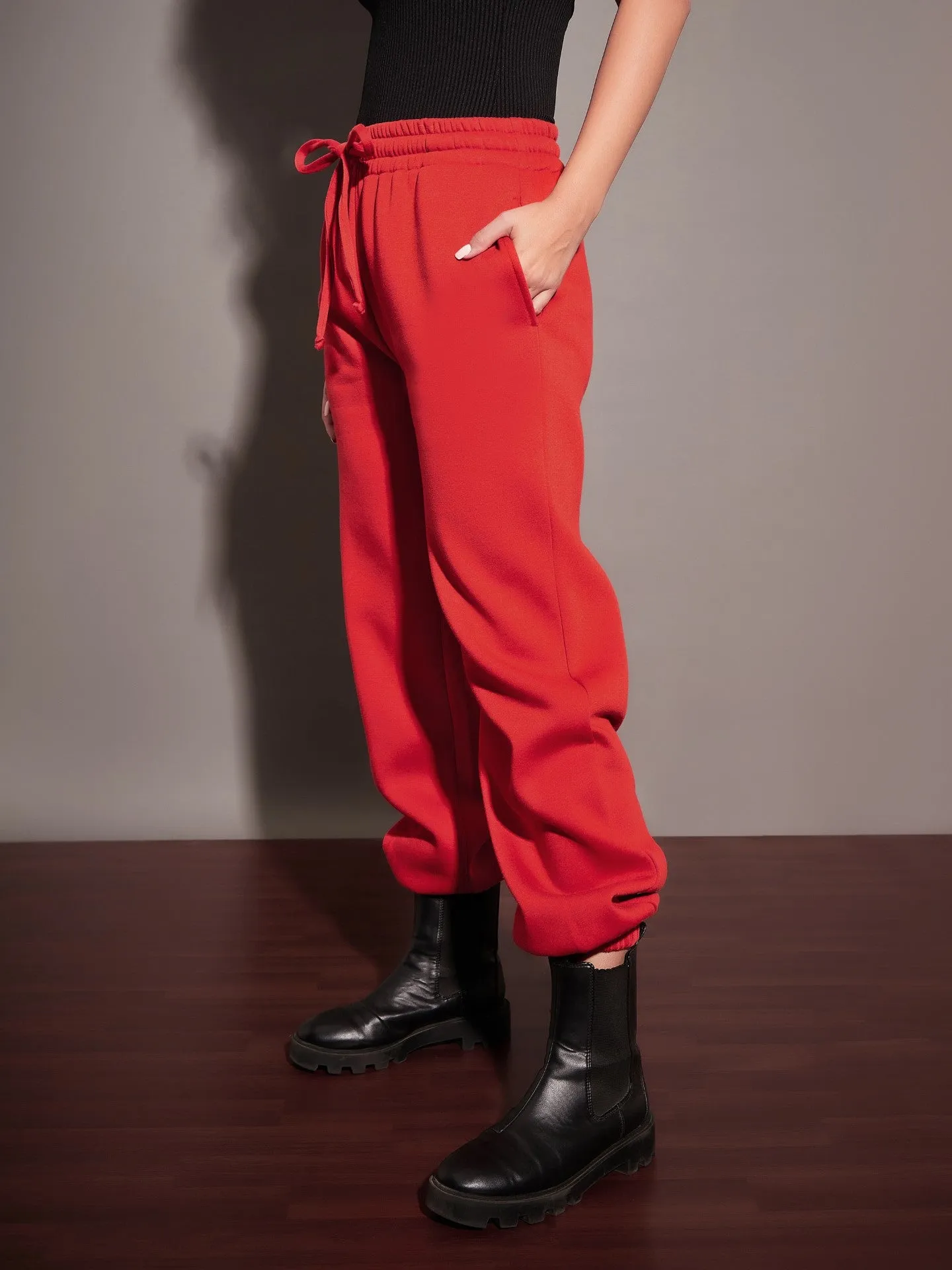 Women Red Fleece Baggy Joggers