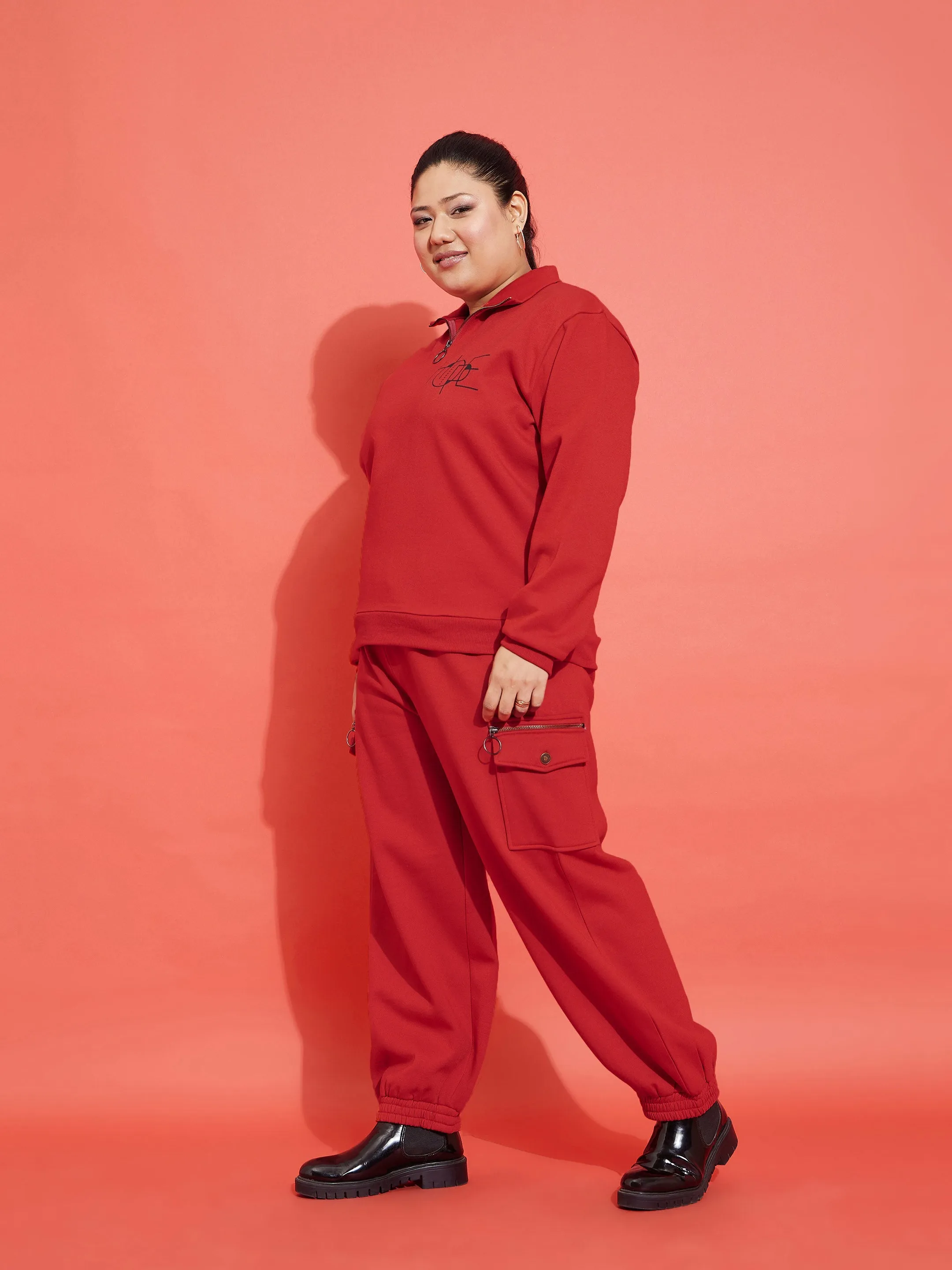 Women Red Fleece HOPE Zipper Sweatshirt With Joggers