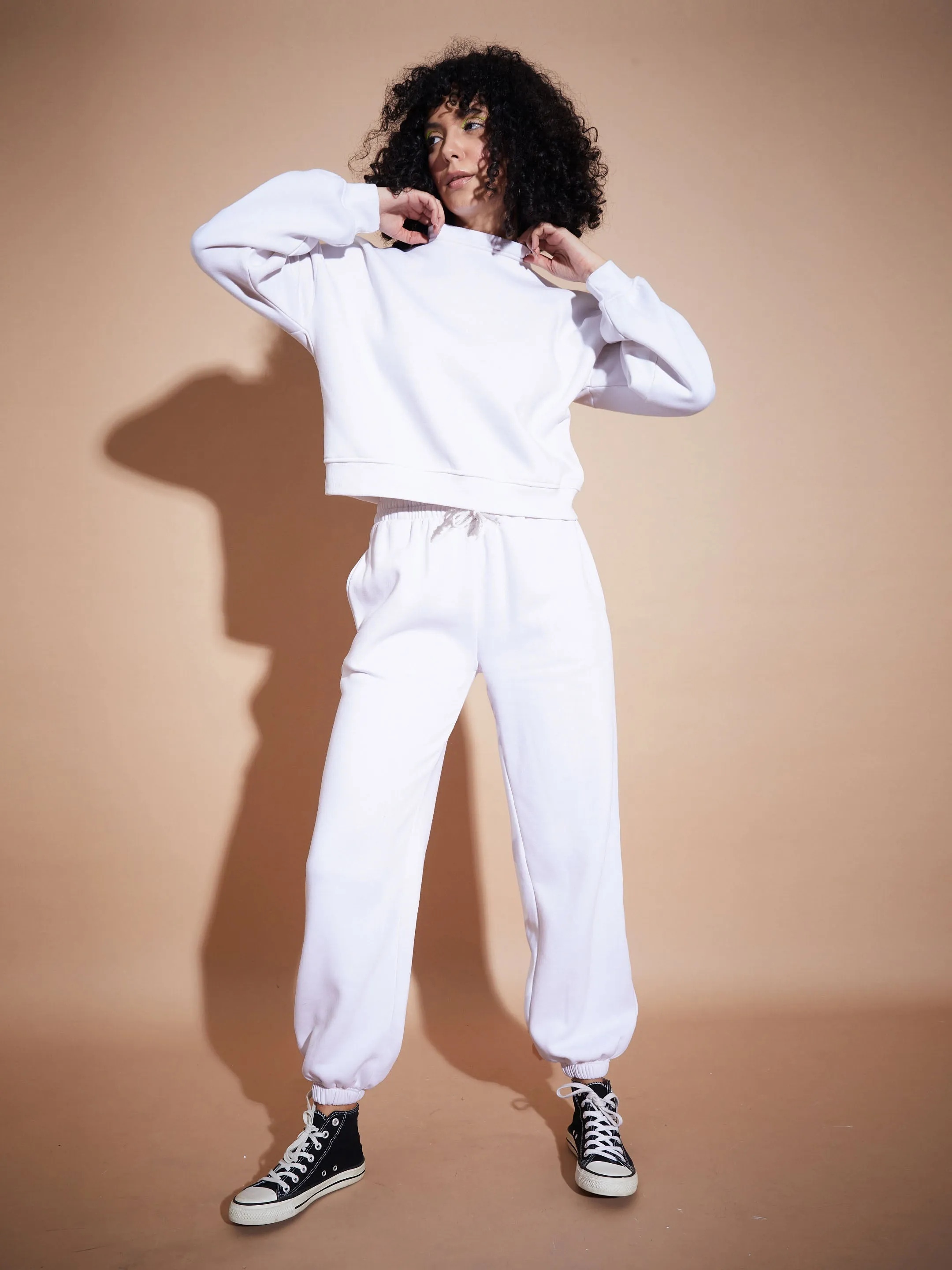 Women White Premium Fleece Oversized Sweatshirt With Joggers