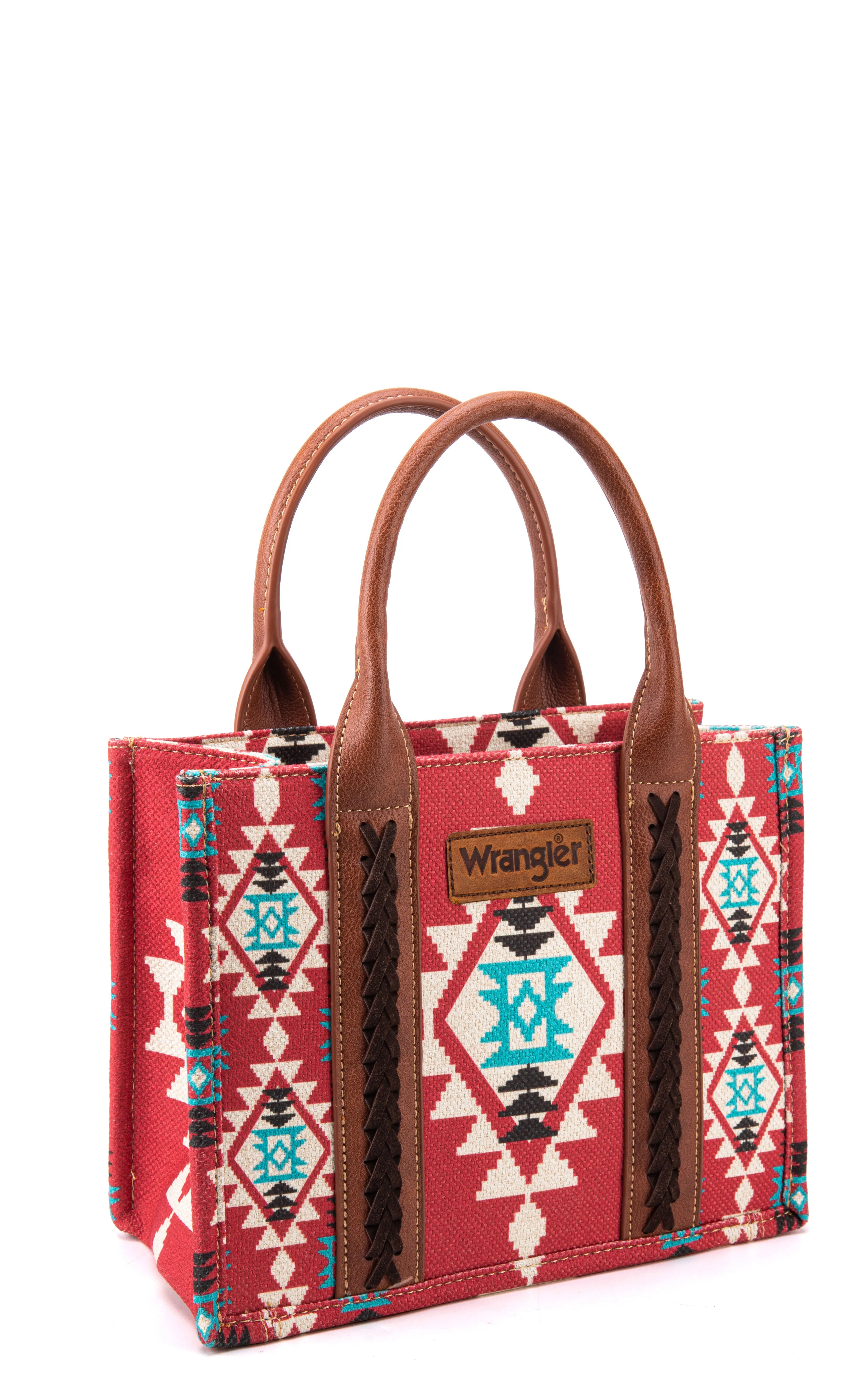 Wrangler Rich Brick Red & Turquoise Aztec Brown Leather Handle Small Tote Bag