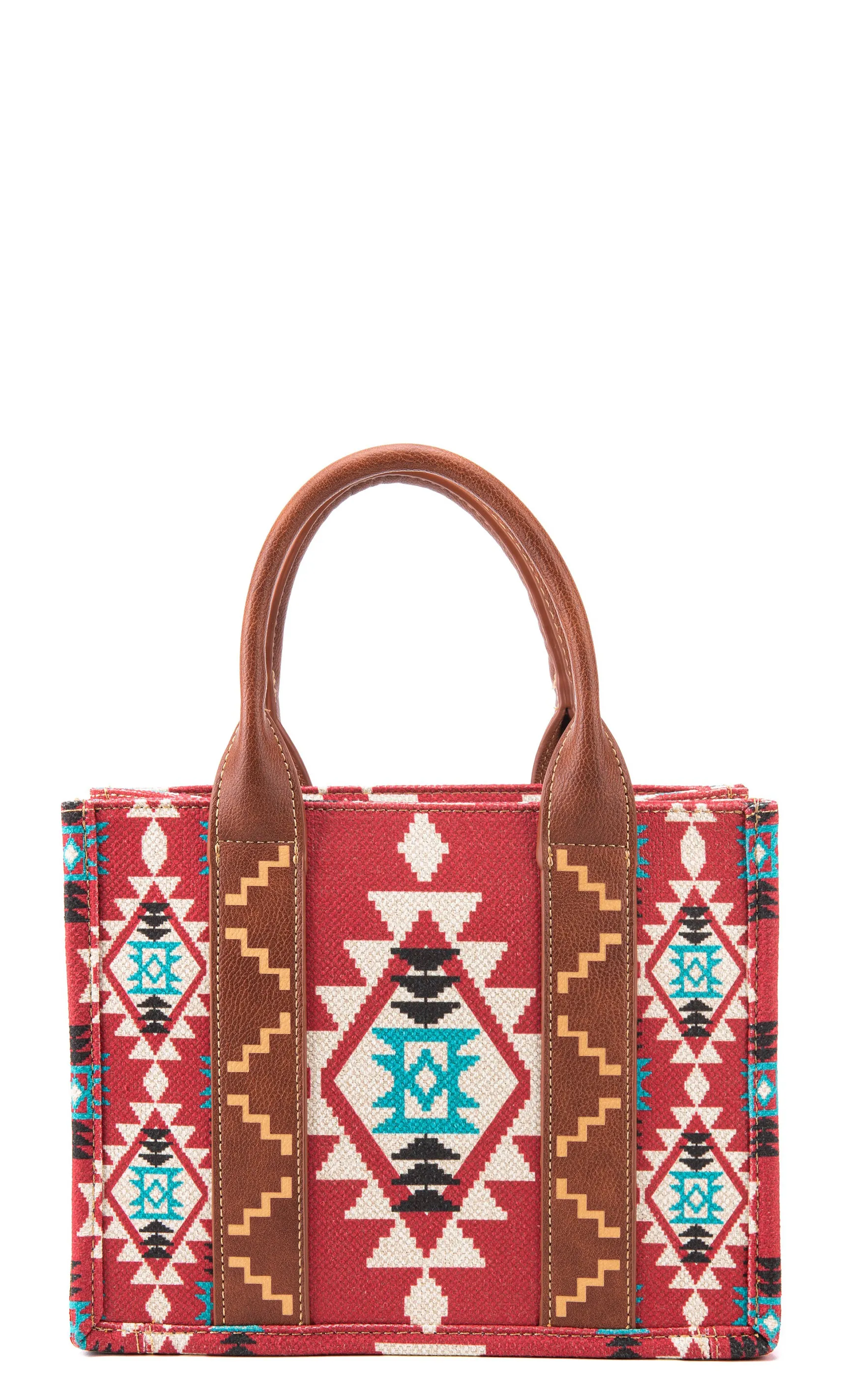 Wrangler Rich Brick Red & Turquoise Aztec Brown Leather Handle Small Tote Bag