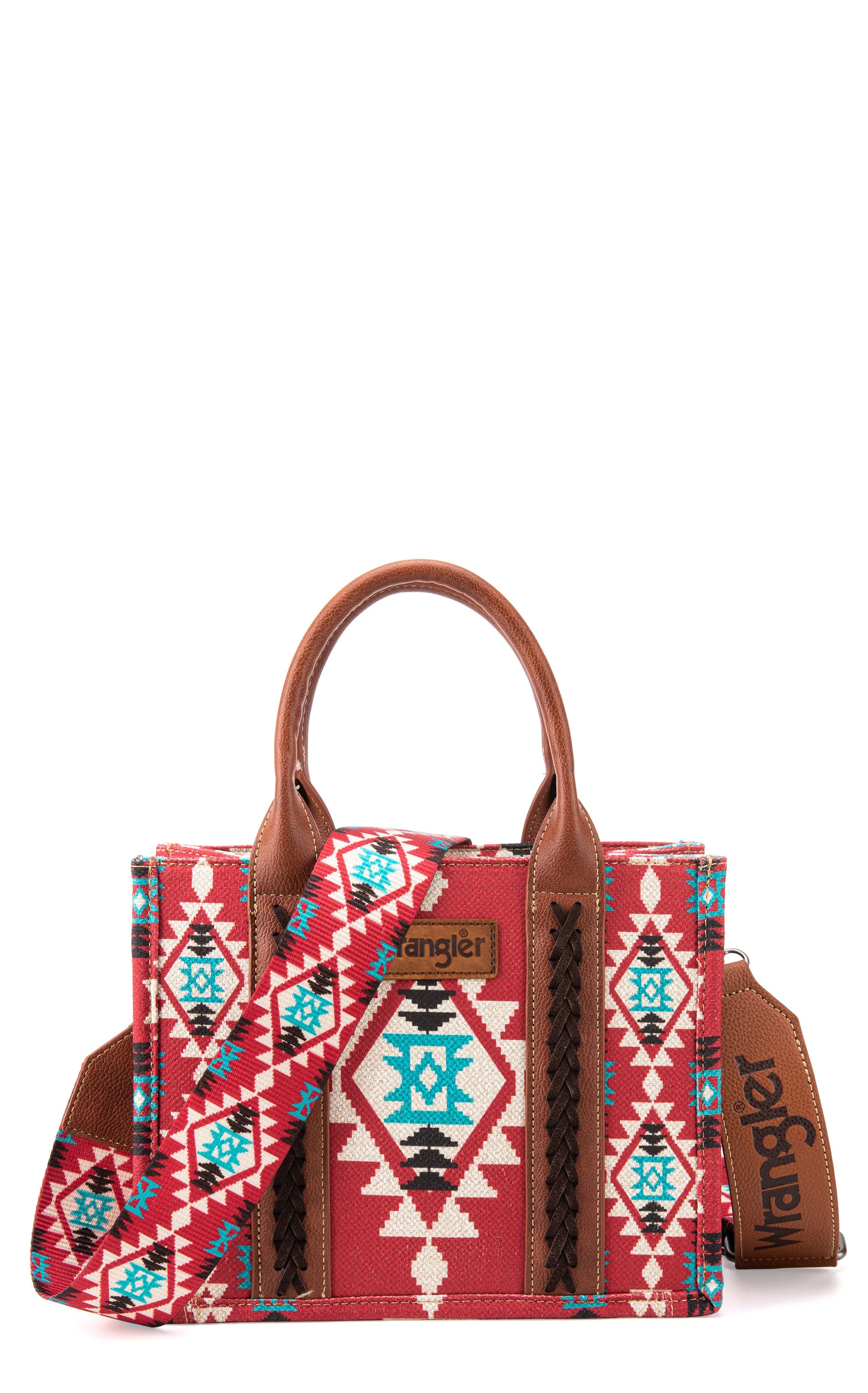 Wrangler Rich Brick Red & Turquoise Aztec Brown Leather Handle Small Tote Bag